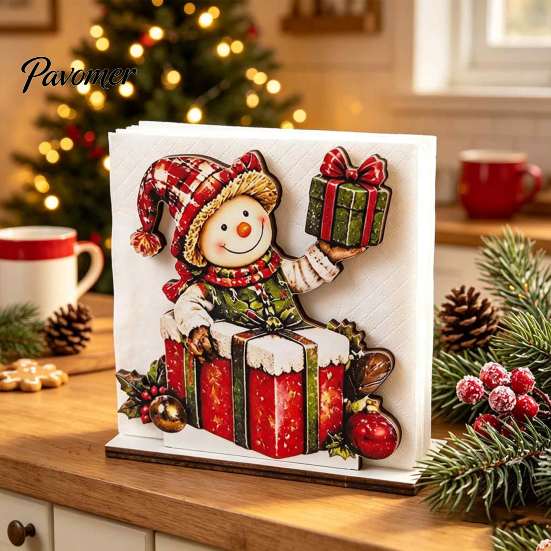 Decorative Winter Kitchen Accessories Snowman Napkin Holder for Dining Table, Wood Vertical Farmhouse Style Dispenser, Christmas Tissue Storage