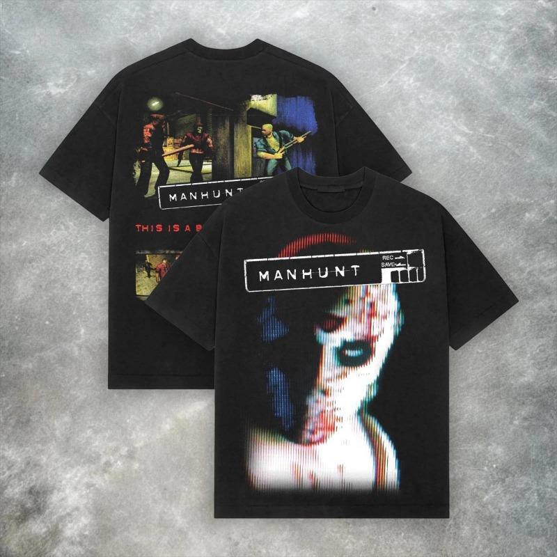Manhunt Retro Y2K Men's and Women's American Street Wear T-shirt, Fashionable Round Neck Loose Casual Top for Spring and Summer