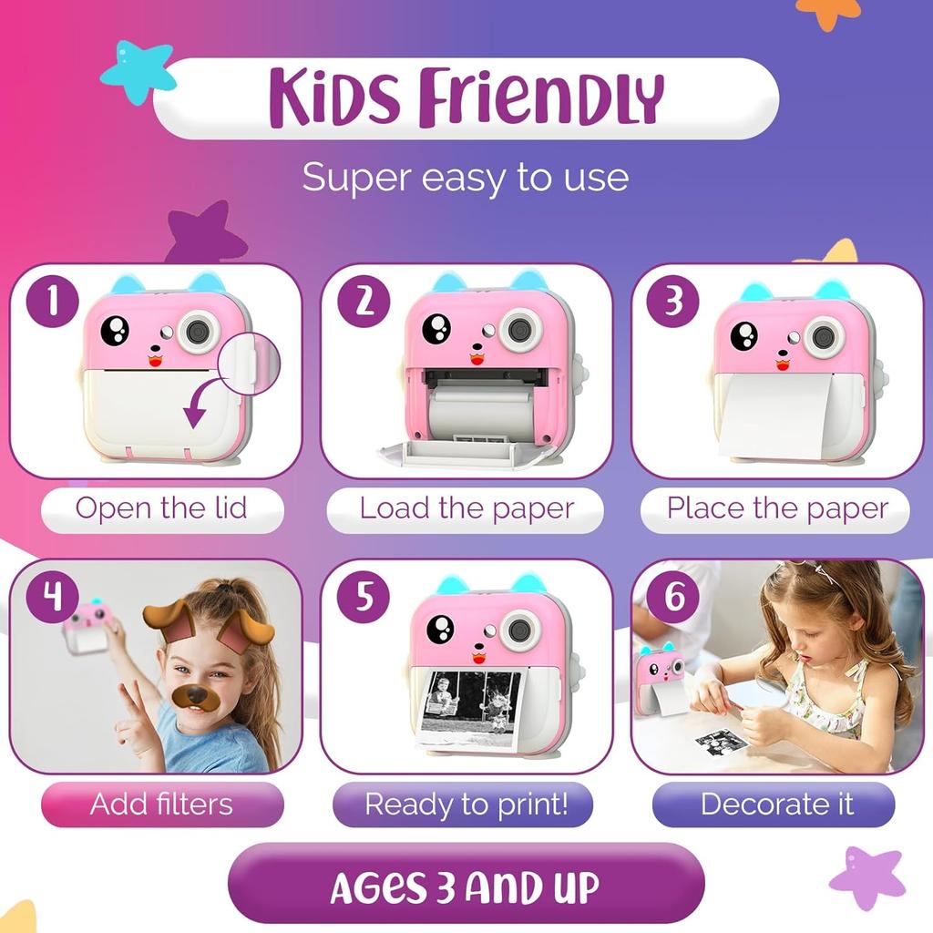 2.4 Inch IPS Screen Kids Instant Camera Full HD Instant Print Digital Camera Light Ear With Lanyard Birthday Gifts Boys Gilrs