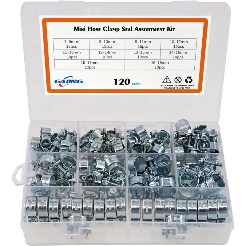 120pcs 7-18mm Mini Clamp Fuel Injection Hose Air Hose Clamps Assortment Kit Diesel Petrol Metal Pipe Clips Assorted Kit