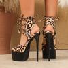 Eilyken Summer Design Leopard Print Peep Toe Narrow Band Ankle Lace Up Sandals Women's Platform Stiletto Heels Shoes
