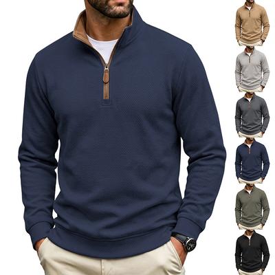 Herren Strukturierter Viertelreißverschluss Pullover Kontrastgefüttert Stehkragen Leder-Zugreißverschluss Gerippte Bündchen Saum Weich Mittelschwer Gestrickt Lässig Smart-Casual Sweatshirt