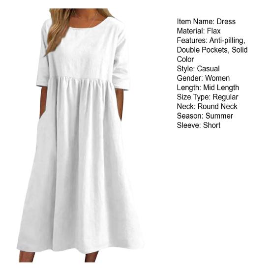 Strandkleid Kurzarm Rundhalsausschnitt Tasche Knitterarm Lässig Alltagskleidung Leinen Einfarbig Damenkleid Urlaubsaccessoire