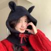 Cute Ears Balaclava Hat Scarf Integrated Red Knitted Hat Winter Warm Ear Protection Woolen Hat for Women
