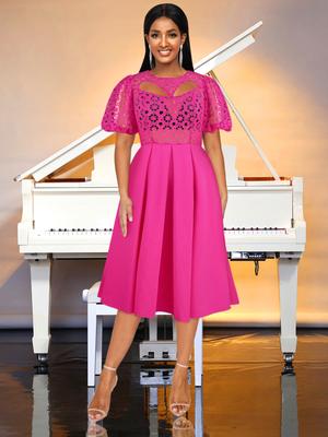 Rose Red A Line Dresses for Women O Neck Cut Out Short Sleeve Hollow Out Evening Party Gowns