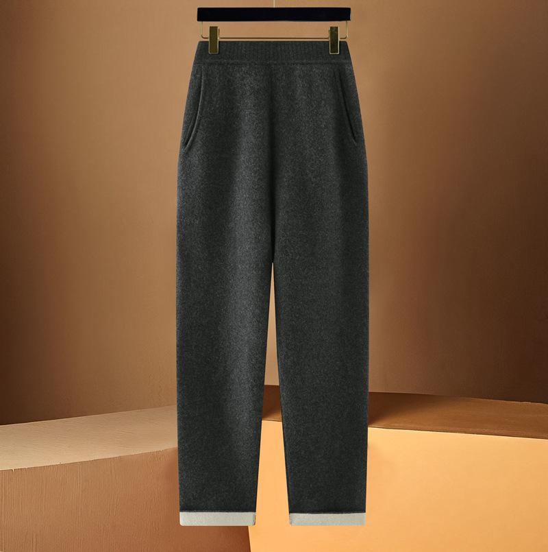 100% Wool High Waist Slimming Knit Pants: Fashionable Solid Color Elastic Skinny Pants for Women, Autumn Winter Collection
