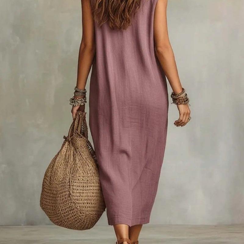 Women Casual Loose Cowl Neck Sleeveless Solid Color Long Swing Vacation Dress