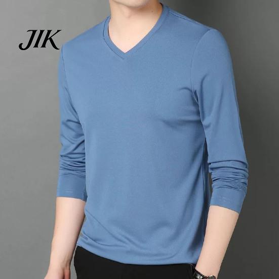 Spring Top Men Fall V Neck Long Sleeves Pure Color Autumn Clothes Slim Fit Thin Pullover T-shirt Daily Wear Sport Homewear