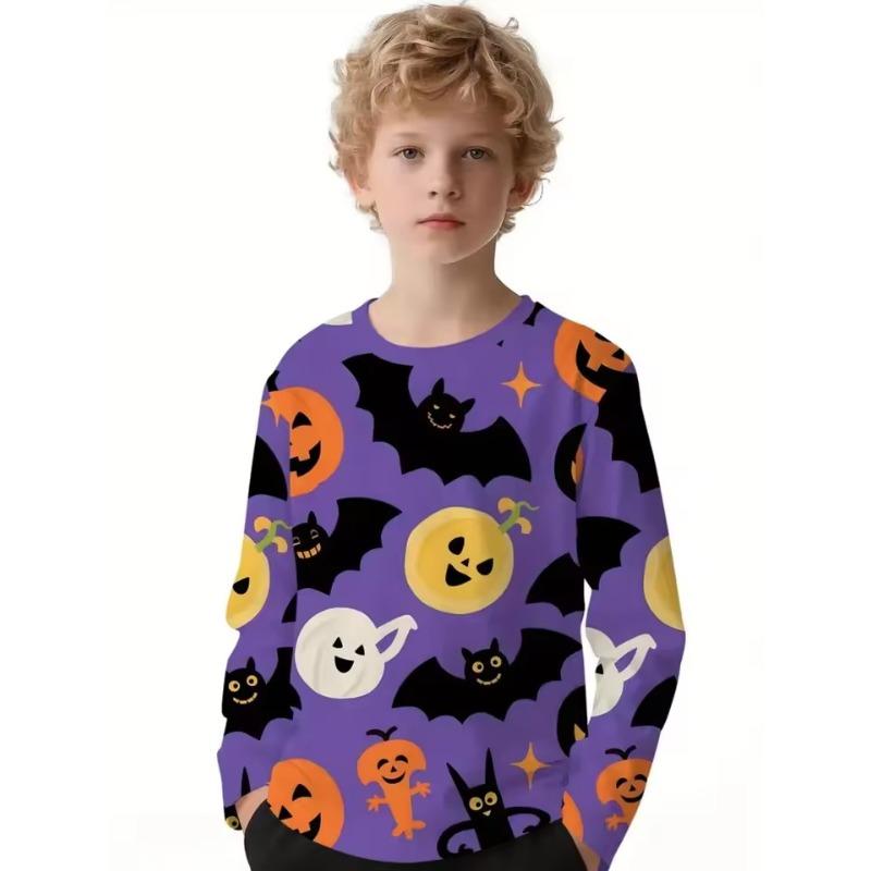 Halloween Boys T-Shirt Pumpkin Print Autumn Long Sleeve T-Shirt Casual Children's Tops Outdoor Comfortable Children's Clothing