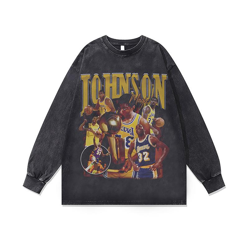 2. American Retro Hip-Hop Star Print Base Top Men'S And Women'S Autumn Washed Crew Neck Long Sleeve T-Shirt