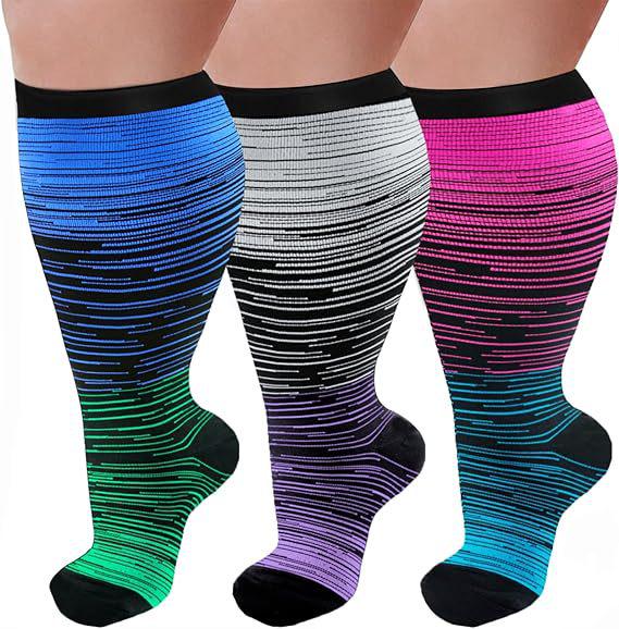 Three-Pair Pack Plus Size Knee-High Compression Socks for Wide Calf - Extra Large Support & Circulation Pressure Socks