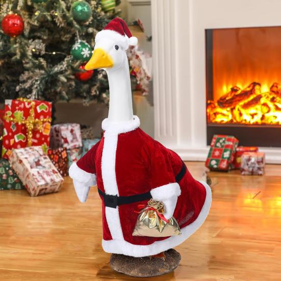 Santa Claus Goose Outfit Christmas Porch Goose Costume Festive Clothes And Hat for 23" High Cement or Plastic Goose Lawn Patio Garden Decor