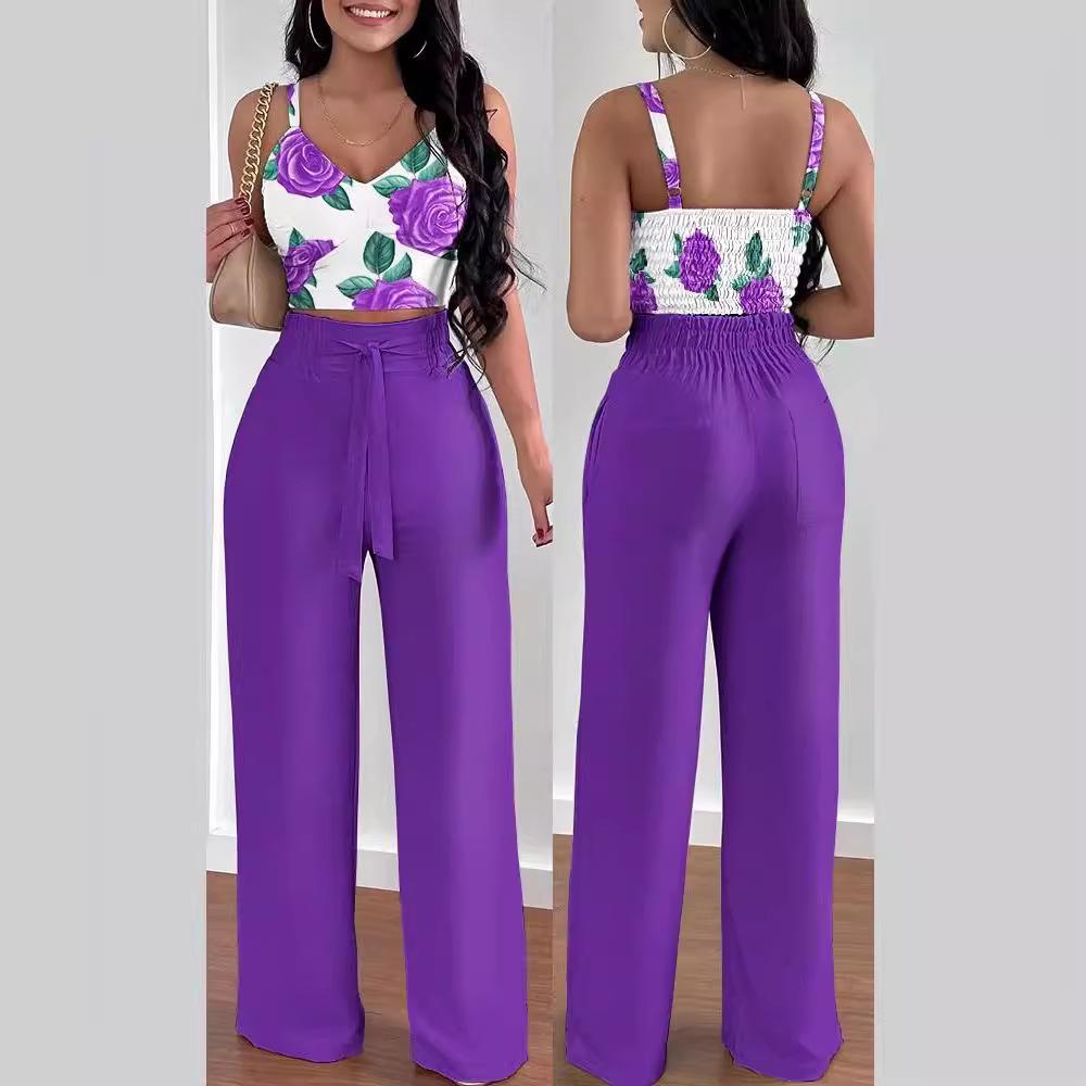 T9006 European & American Spring/Summer Fashion Print Camisole & Drawstring Long Pants Set