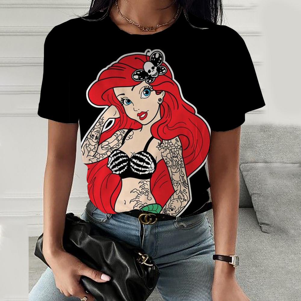 Kreslené dámské tričko s potiskem Disney princezen Letní tričko s krátkým rukávem Harajuku ležérní kulatý výstřih streetwearové oblečení
