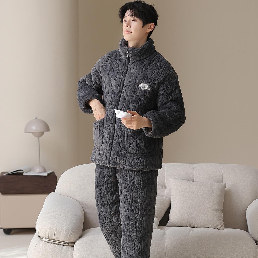 [Super thick] Coral fleece pajamas men's winter three-layer padded thickened padded jacket warm loungewear set winter