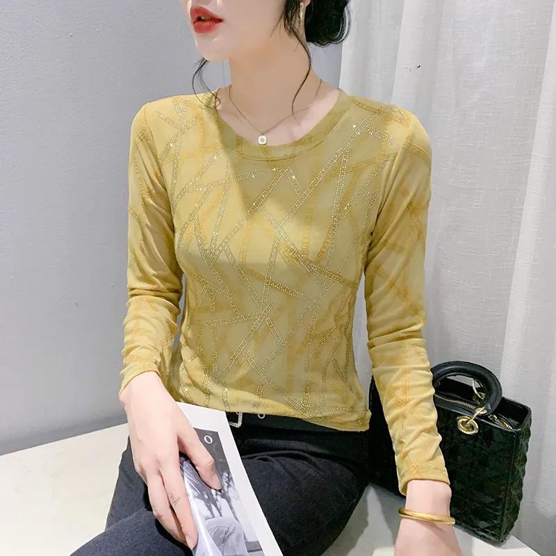 Mesh Bottoming Shirt for Women 2025 Autumn New European Fashion Hot Diamond Long-sleeved T-shirt with Top Stylish Small
