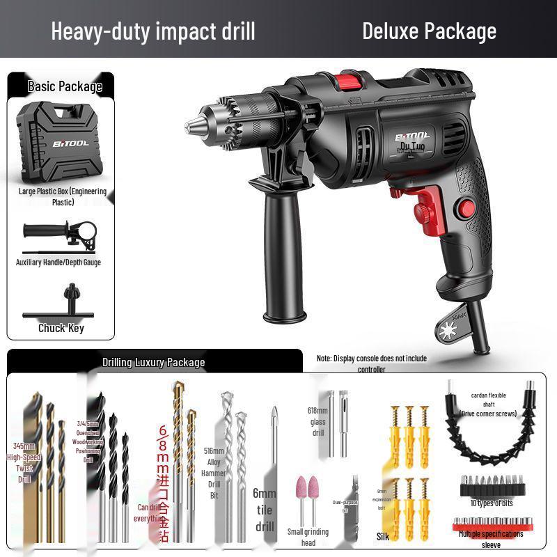 220V Multifunction Handheld Electric Drill & Screwdriver with Pistol Grip, Hammer & Power Tool Functions.