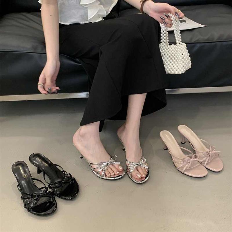 Summer Women Round Toe High Heel Slippers Fashion Butterfly-knot Dress Slide Ladies Evening Party Sandalias