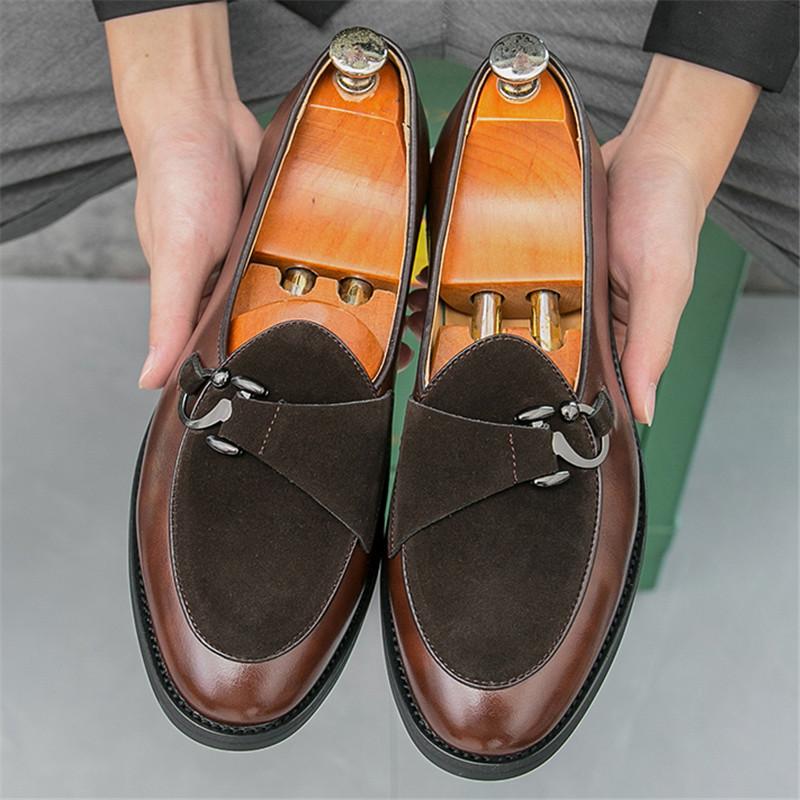 Monk Strap Loafers New Men's Pointed Mix Patchwork Leather Shoes For Male Designer Formal Wedding Prom Dress Homecoming Footwear