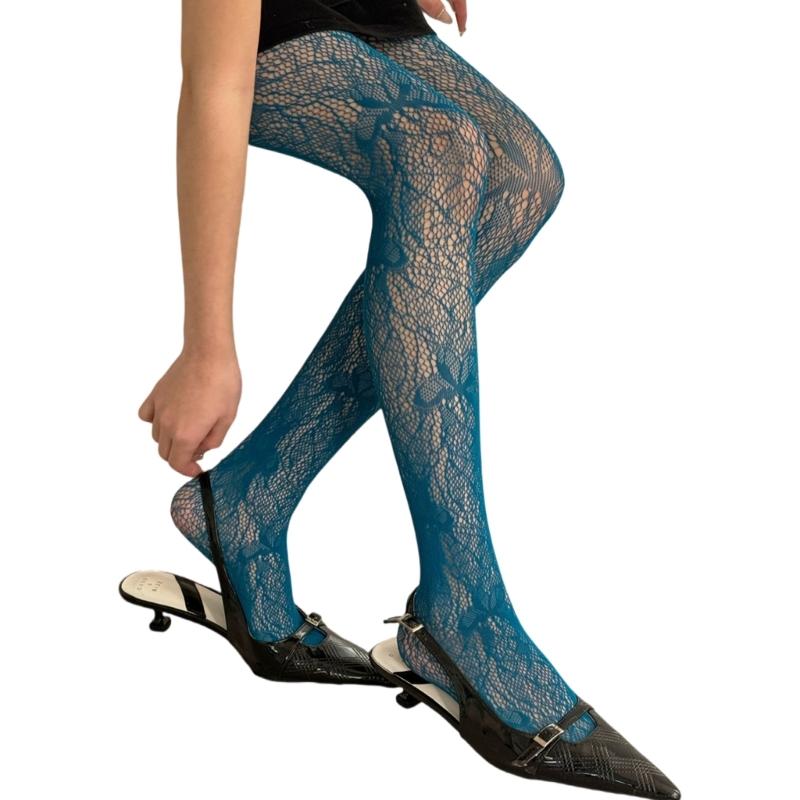 Women Sexy Hollowed Sheer Fishnet Pantyhose Aesthetic Vintage Butterfly Jacquard Patterned Leggings Colored Mesh Tights
