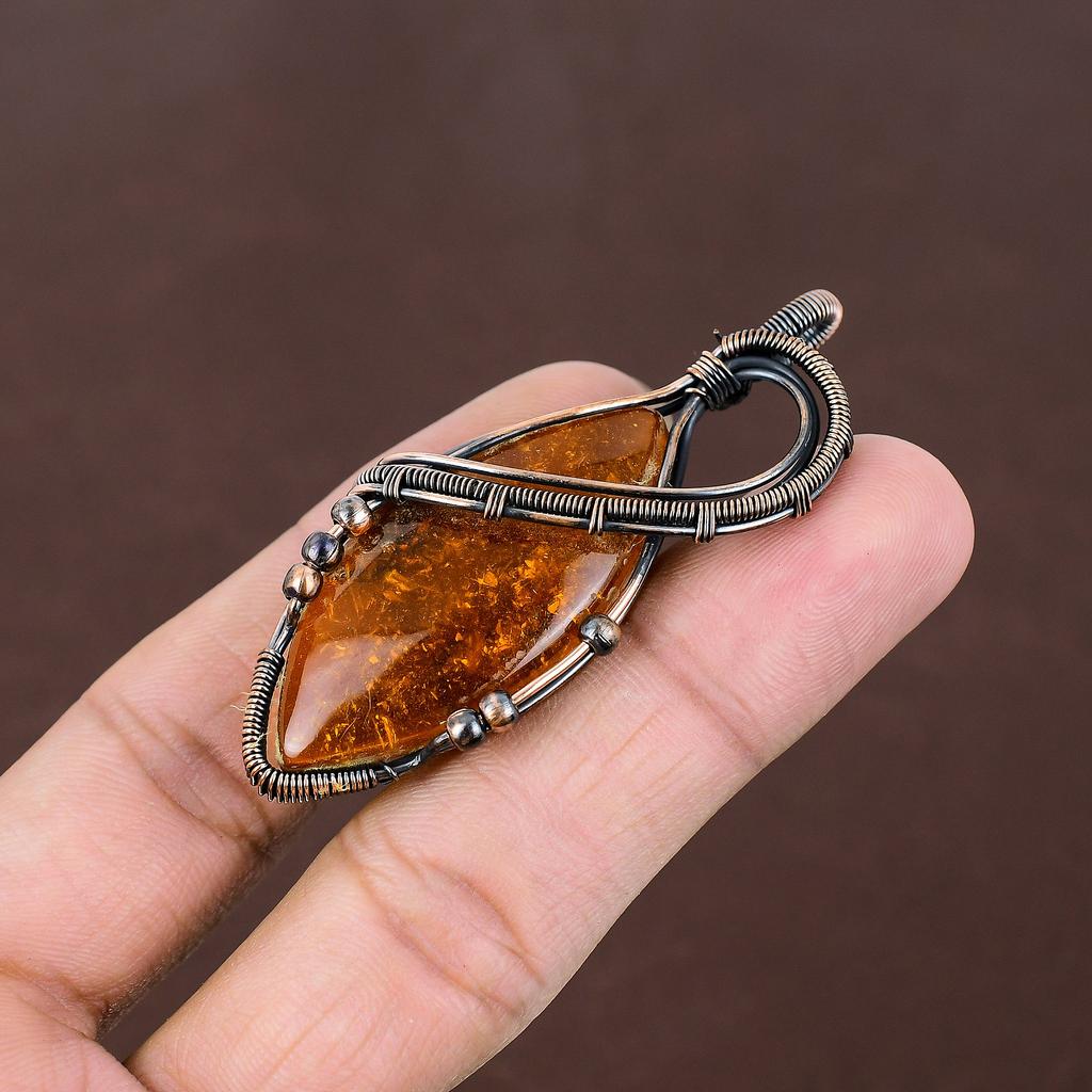 Natural Baltic Amber Gemstone Handmade Copper Wire Wrap Pendant 2.76" y5K07