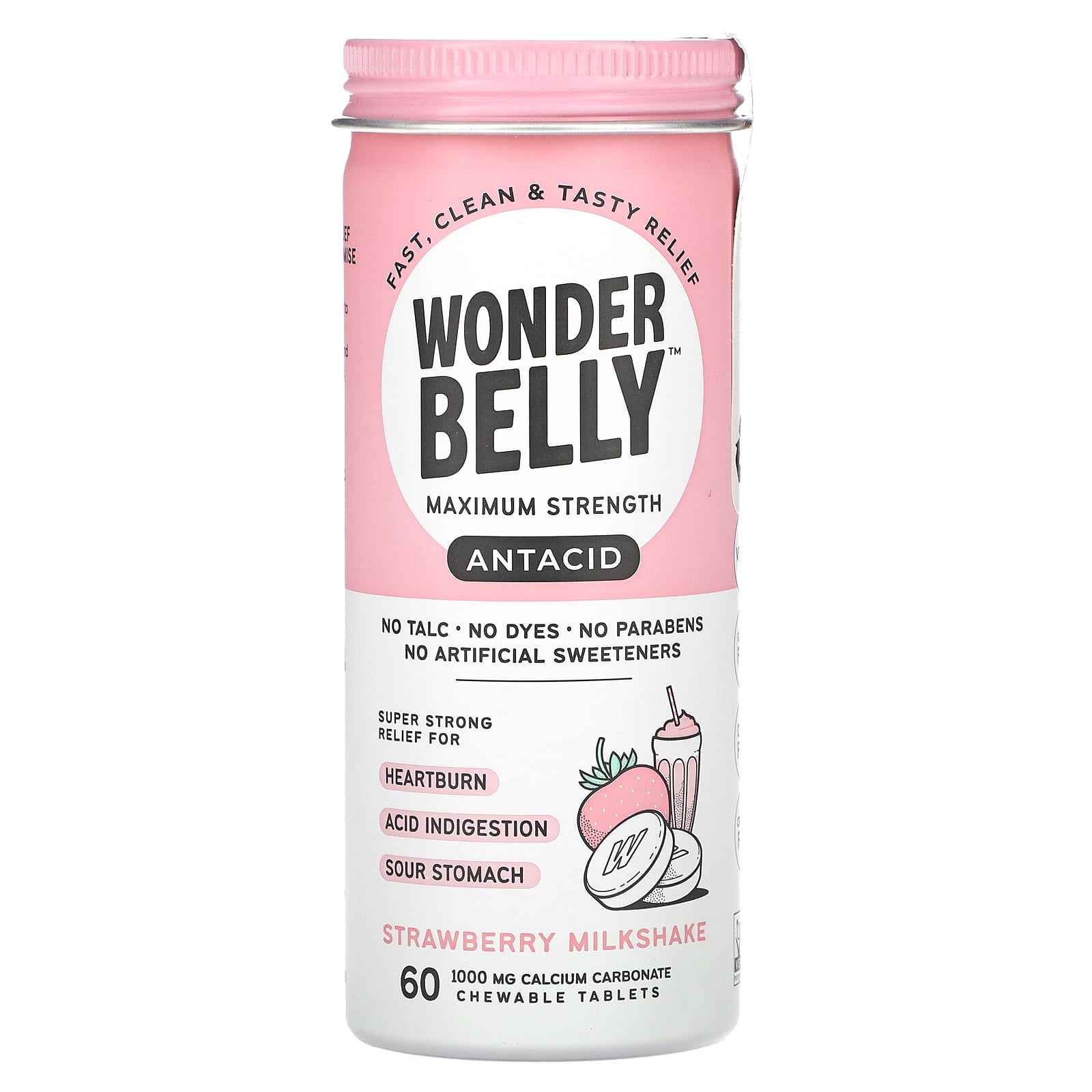 

Wonderbelly, Антацид, полуничний молочний коктейль, 1000 мг, 60 жувальних таблеток