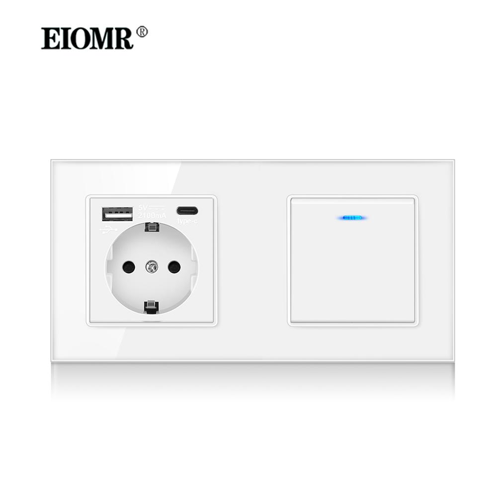 EIOMR EU Standard 16A Tempered Crystal Glass Panel Wall Socket Power Outlet Electrical Plug with Usb 5V 2100mA Ac110-250V White