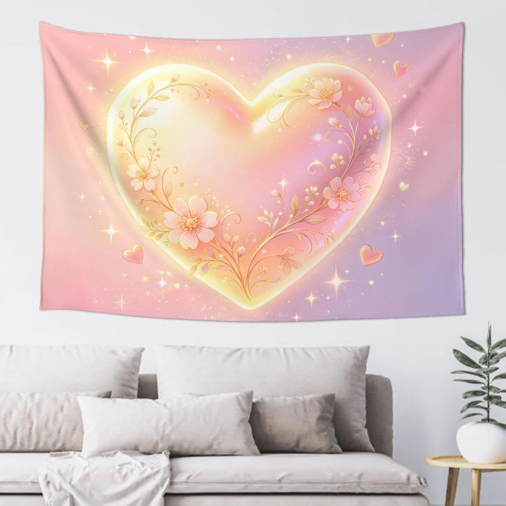 Bohemian Heart Floral Tapestry Wall Hanging Romantic Love Pink Pastel Decor Boho Flower Watercolor Canvas Art for Bedroom Nurser