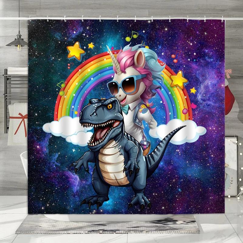 Funny Unicorn Dinosaur Kids Shower Curtain Cute Cartoon Animals Rainbow Galaxy Space Planet Cool Boys Girls Bathroom Decorative