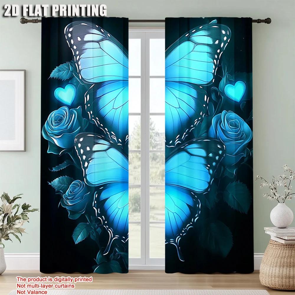 2Pcs Butterfly Printed Curtains Decorative Window Drapes Window Treatments For Bedroom Living Room Home Decoration Room
