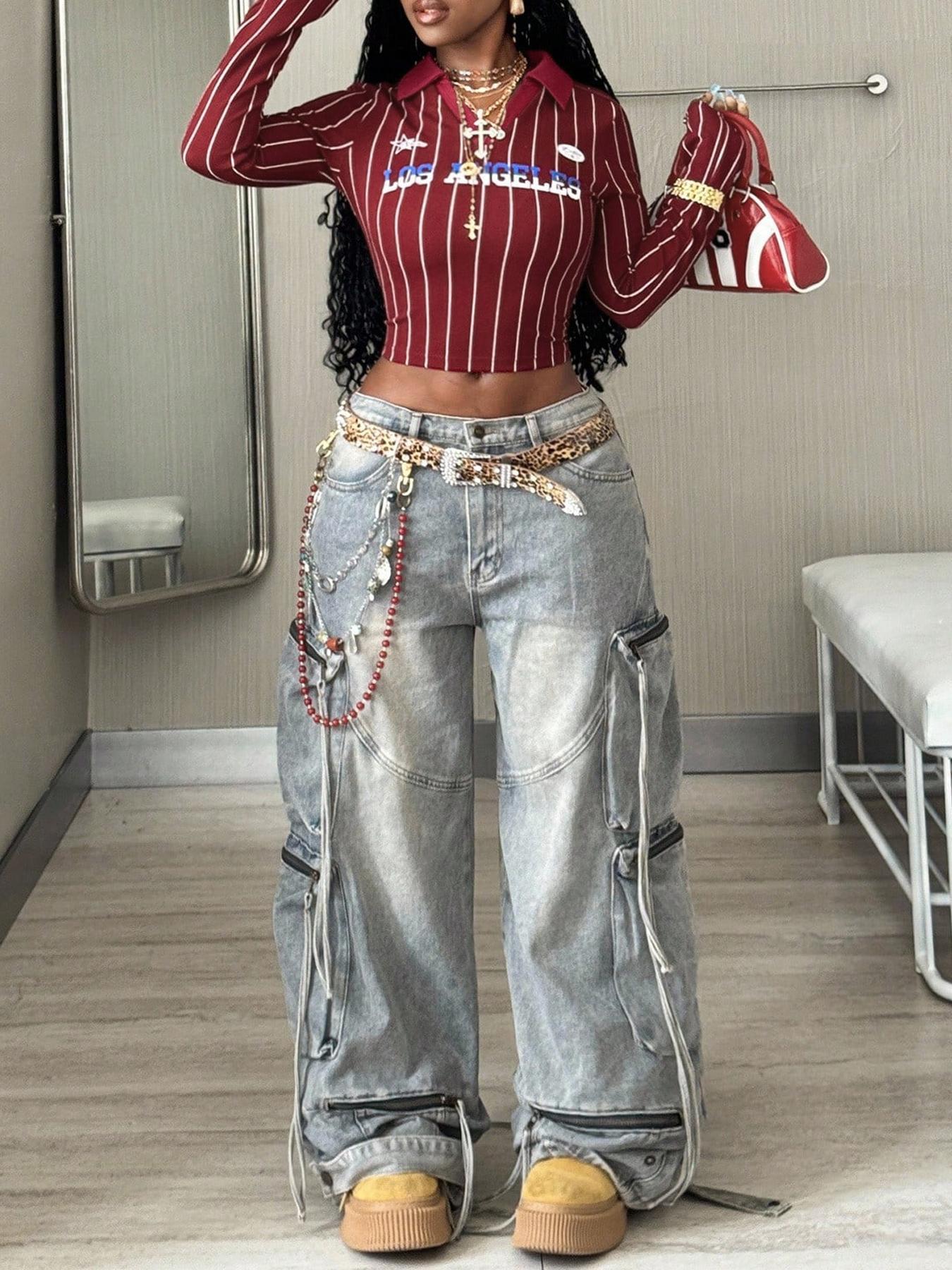 Women S Long Sleeve Striped Cropped T Shirt Los Angeles Print Polo Collar S красный