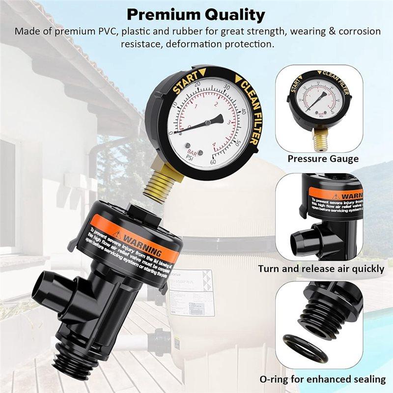 Premium-For Pool Filter Accessories Manual Air Relief Valve With Pressure Gauge, Air Relief Valve Kit For Pool And Spa Systems