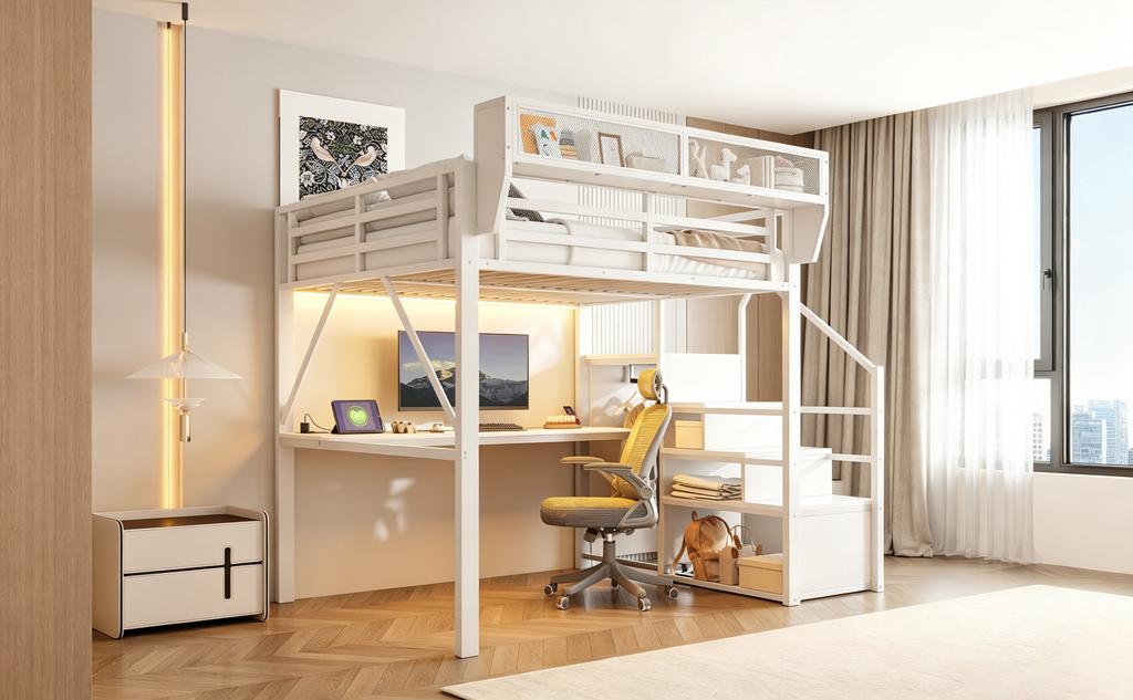 Loft Bed (140 x 200 cm), Metal Bed with LED Light Strip, Long Desk, Safety Ladder and Flexible Storage – Universal Bed for Adults and Children White