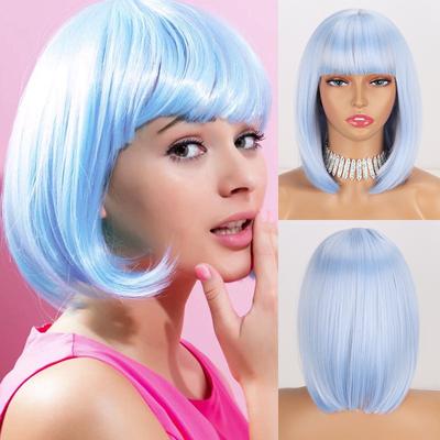 Parrucca Bob corta e dritta di colore azzurro chiaro con frangia in fibra sintetica per cosplay, colore chiaro, moda da donna, lunghezza spalle