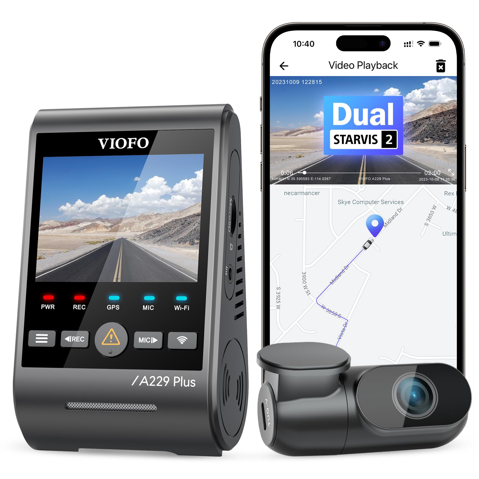 

VIOFO A229Plus 2CH Drive Recorder with Front and Rear Dual 2K STARVIS 5GHz Large LCD LED Traffic Light Parking Voice and Digital Terrestrial Noise