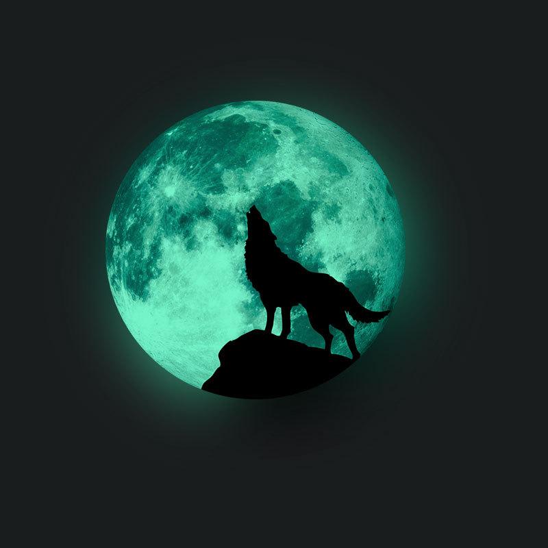 Kreativní měsíční samolepka na zeď svítící ve tmě Halloweenská dekorace Fluorescenční zářící vlk Samolepicí nástěnná nálepka