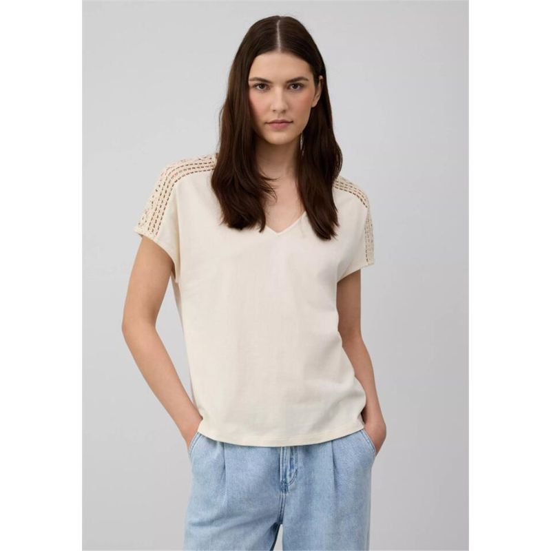 European and American Foreign Trade Original Order Tail Goods German So Cotton Crochet Hollow V-neck Summer Women's Short Sleeve T-shirt Solid Simple