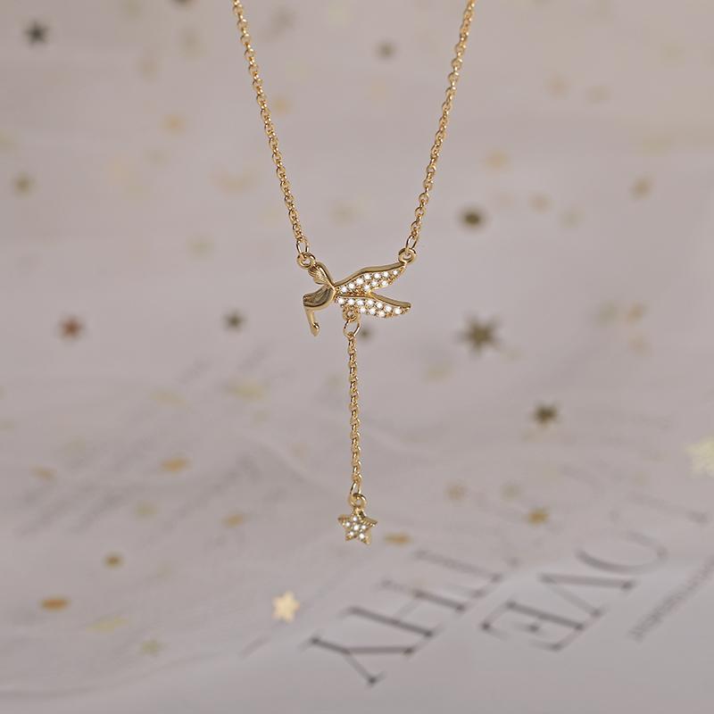 ANENJERY Flügel Mädchen Halskette für Frauen Lange Quaste Stern Schlüsselbein Kette Halsketten Party Schmuck