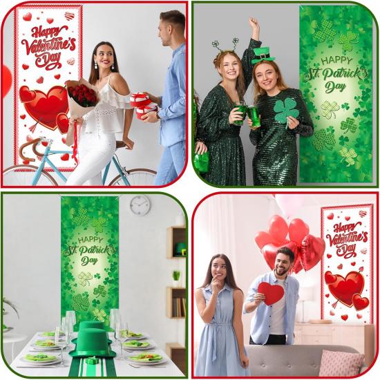 TaoBary 2 Pcs Valentine's Day and St. Patricks Day Door Covers Polyester Red Heart Happy Valentines Door Banner Green Shamrock Front Porch Decor for