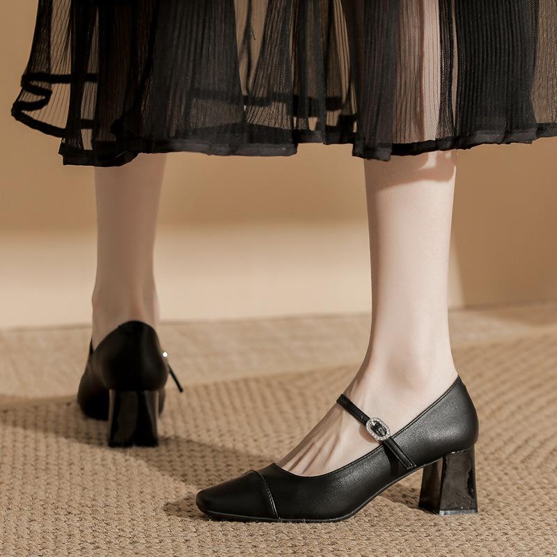 Silver Mary Jane High Heels: Women's Square Toe Retro Chunky Heel One-Strap Shoes for Spring and Autumn.