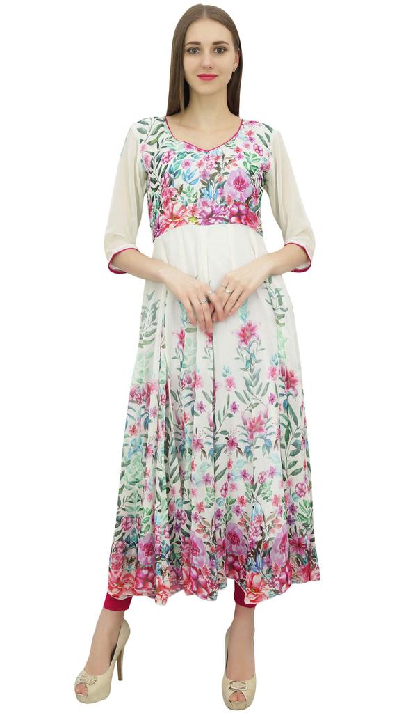 Bimba Women's Floral Print White Anarkali Flared Classic Blouse Kurti