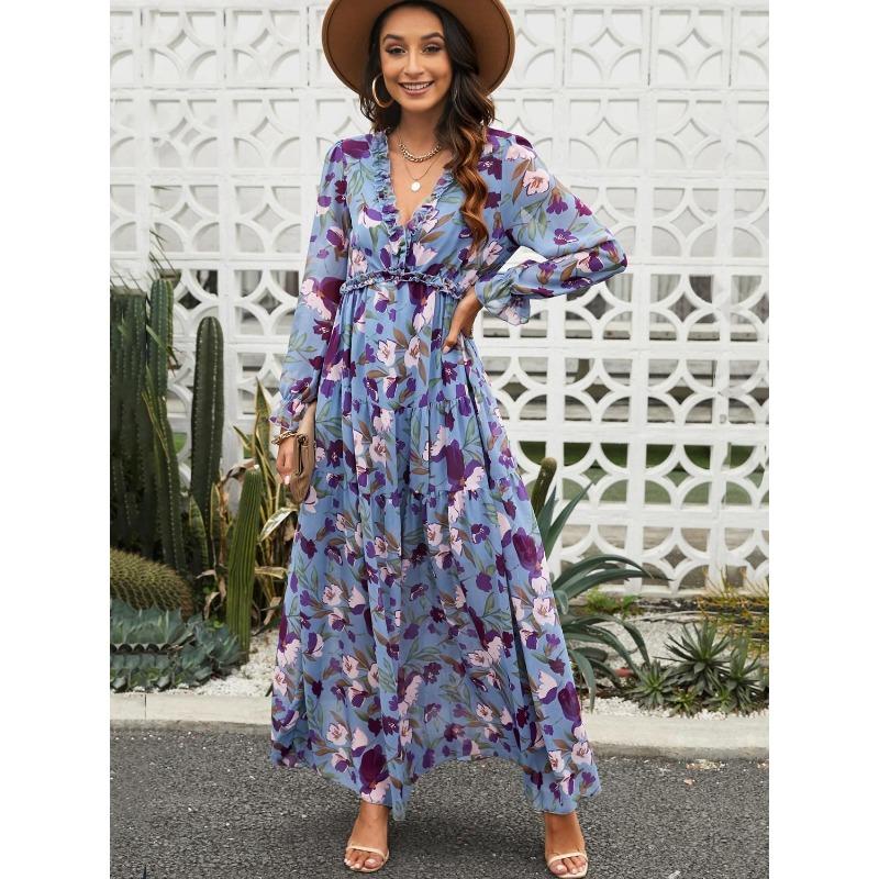 

Длинный рукав Женский модный принт Xianqi Длинный стиль вечернее платье XXL синий