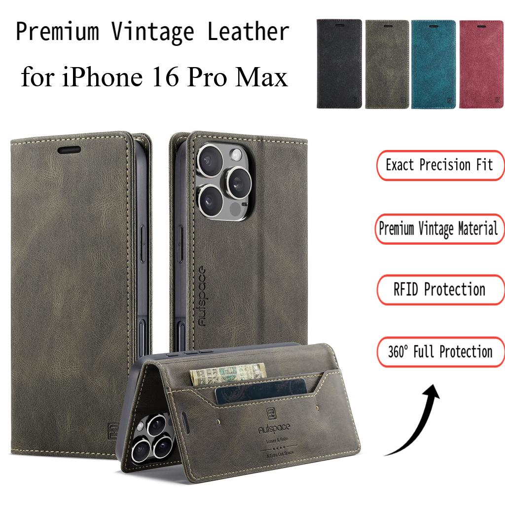 For iPhone 16 Pro Max Vintage Leather Flip Wallet Case with RFID Blocking Card Slot, Matte Retro Folio Cover for Women Men (4 Colors)