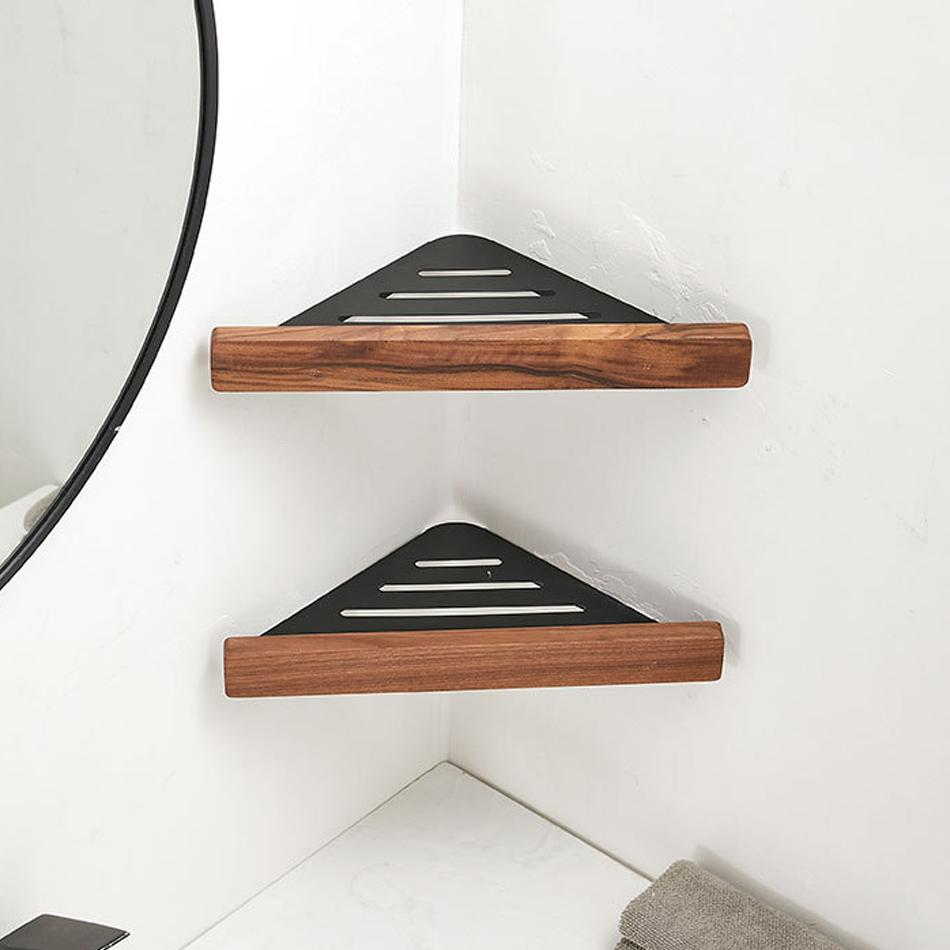 Raft Triunghiular Baie Lemn Aluminiu Negru Toaletă Bucătărie Baie Duș Șampon Săpun Suport Depozitare Raft Colț Organizator de Perete