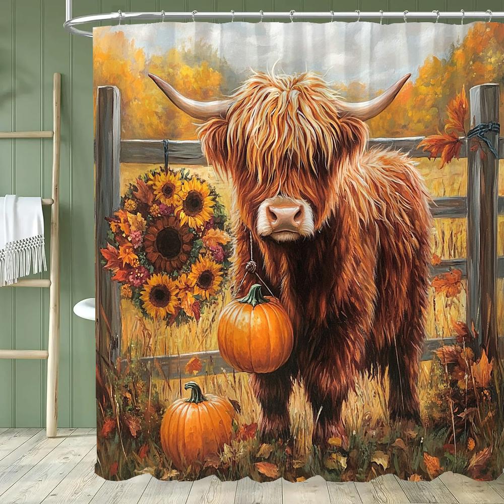 Cute Highland Cow Shower Curtain,Farmhouse Rustic Cow Animal Floral Bathroom Curtain,Decorative Fabric Home Curtain With Hooks