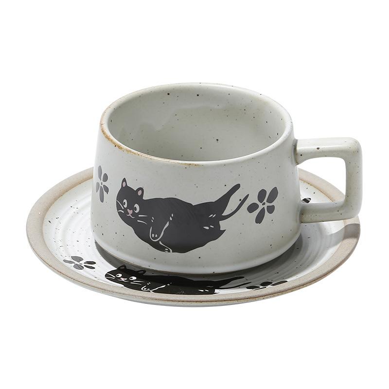 

Retro cute cat ceramic cup saucer Japanese creative coarse pottery coffee cup ins home couple breakfast milk cup 240ml