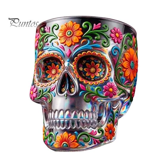 Dekoratives Glas für Hausbar Tag der Toten Weinglas, mit 3D-Reliefmalerei, Handbemaltes Einzigartiges Dreidimensionales Gotisches Totenkopf Whiskey