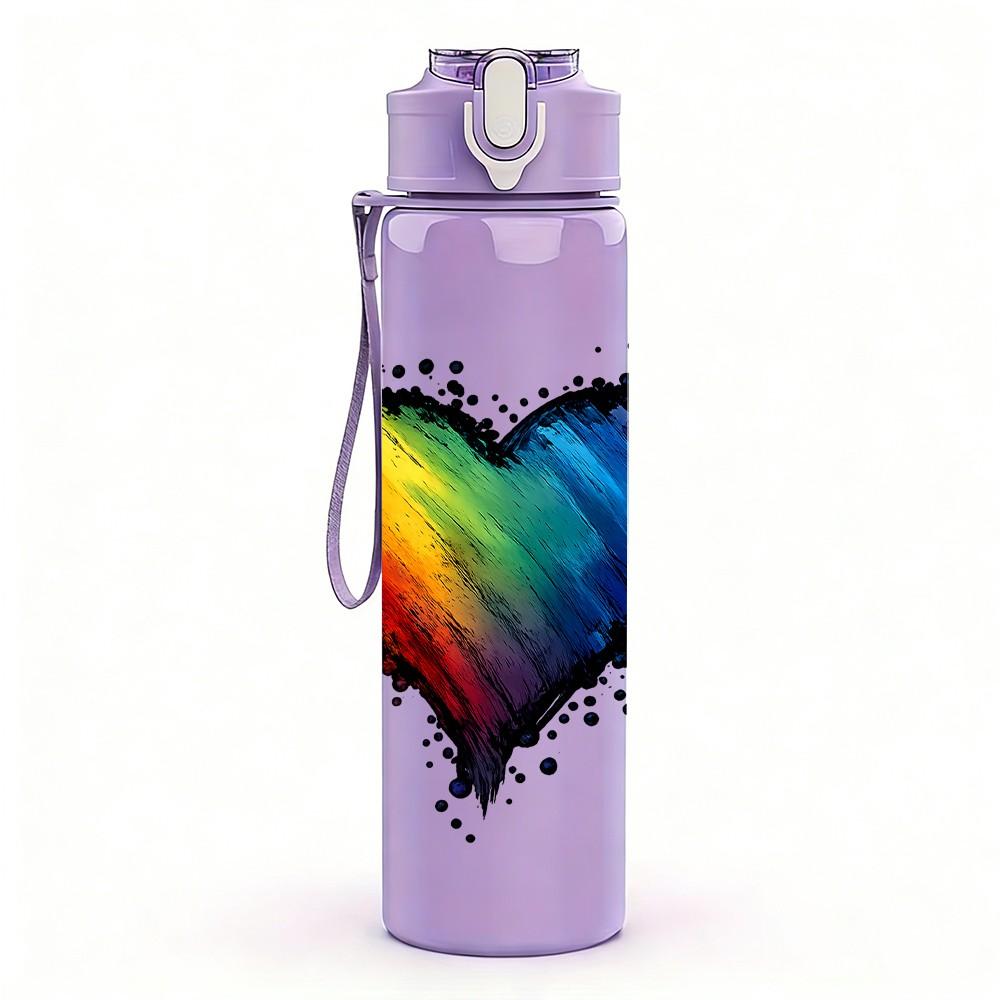 1PC Rainbow Gradient Heart Art 750ml Color Plastic Sports Water Bottle Leakproof Flip Straw Lid Suitable for Sports Office Home Use