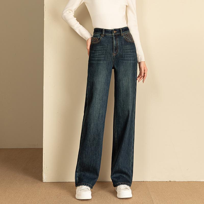 Clearance Retro 2025 Embroidered Wide-Leg Jeans for Women - Slimming Autumn/Winter Velvet Floor-Length Pants L