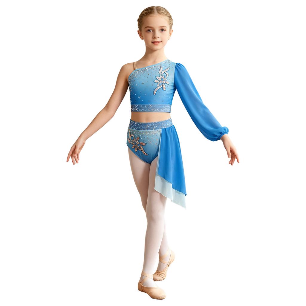 Children‘s Sparkle Gradient Rhinestone Dancewear One Shoulder Long Puff Sleeve Top with Applique Asymmetrical Draped Skirt for Recital Performance